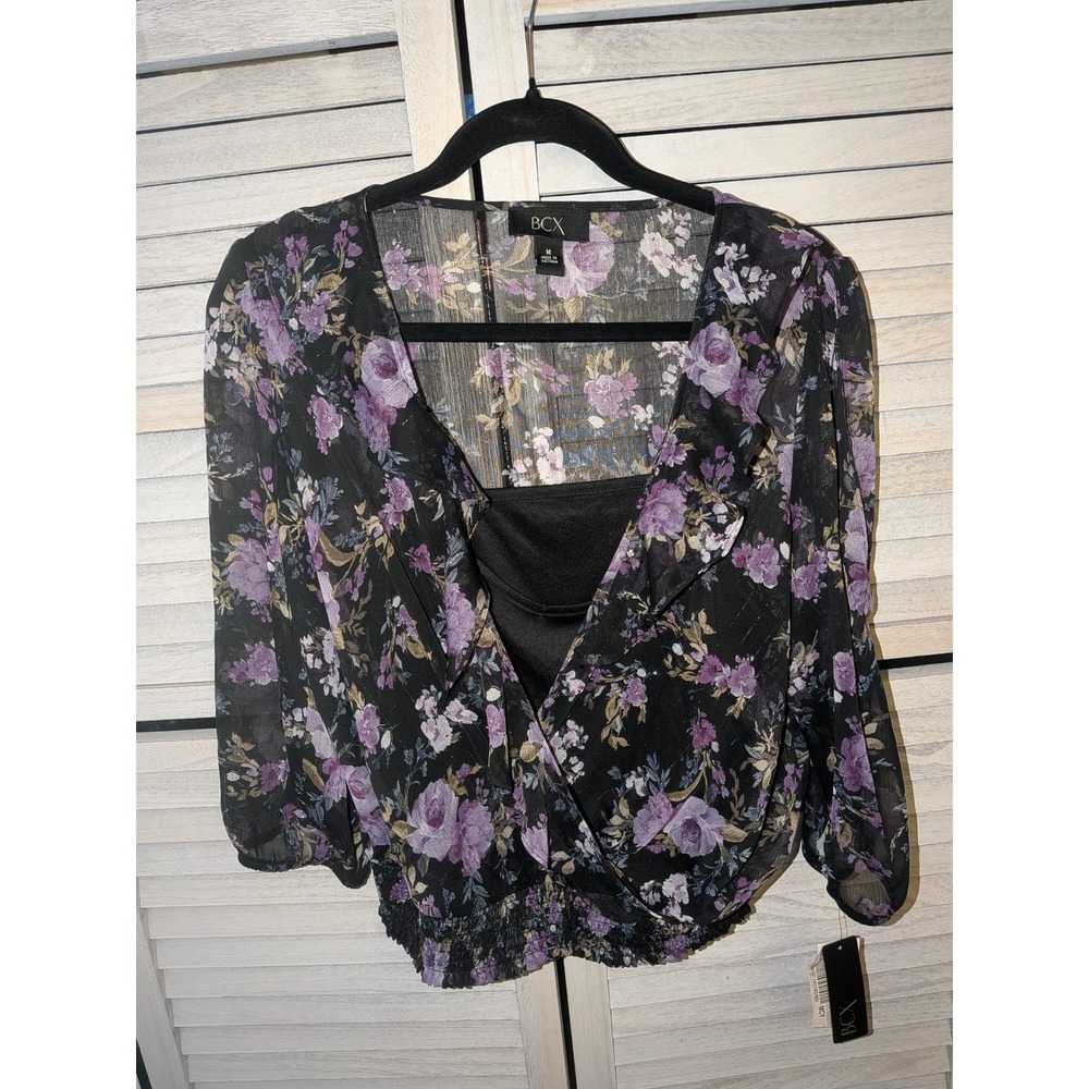 BCX Women Black Purple Floral Metallic Surplice Smocked Blouse Top NWT Medium‎
